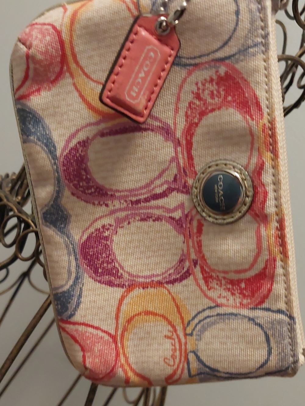 Coach Multicolor Circle Print Canvas Wristlet with Pink Tag